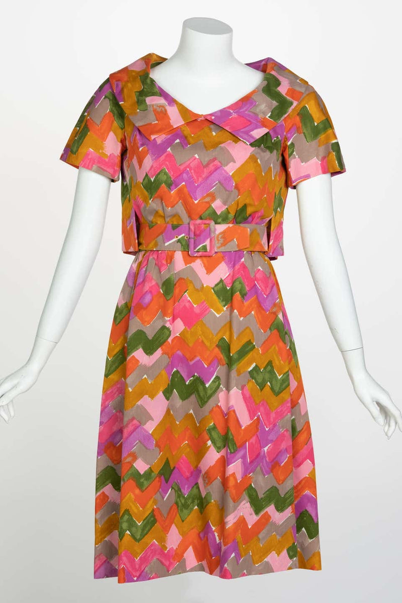 Christian Dior Demi-Couture Colorful Chevron Tailored Belted Dress, 1950s