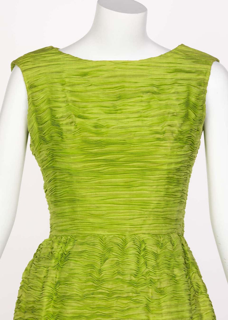 Sybil Connolly Couture Green Pleated Linen Dress, 1960s