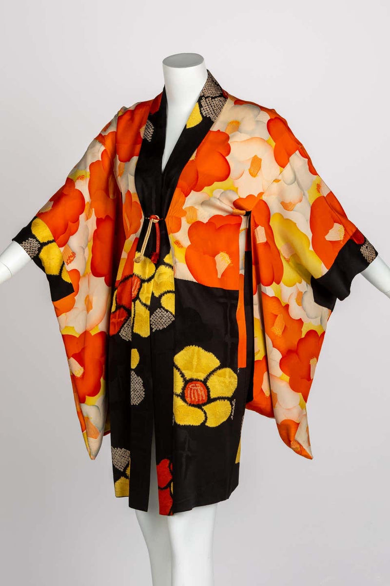 1930s Black Vibrant Shibori Flower Silk Kimono Jacket