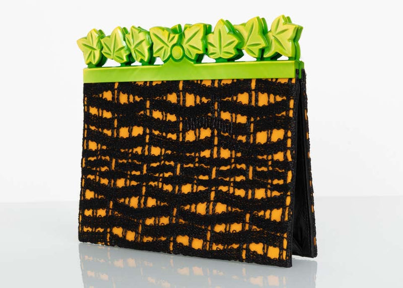 Isabel Canovas Black & Gold Silk Leather Green Bakelite Leaf Clutch, 1980s