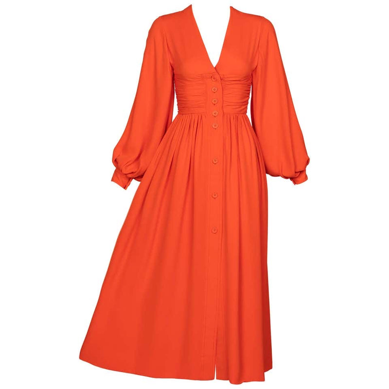 Galanos Orange Silk Plunge Neck Bishop Sleeve Dress, 1970s