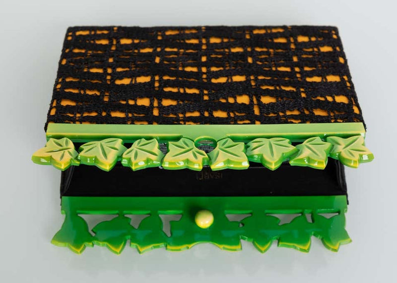 Isabel Canovas Black & Gold Silk Leather Green Bakelite Leaf Clutch, 1980s