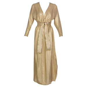 Bill Tice Gold Lurex Plunge Neck Belted Maxi Dress, 1980s