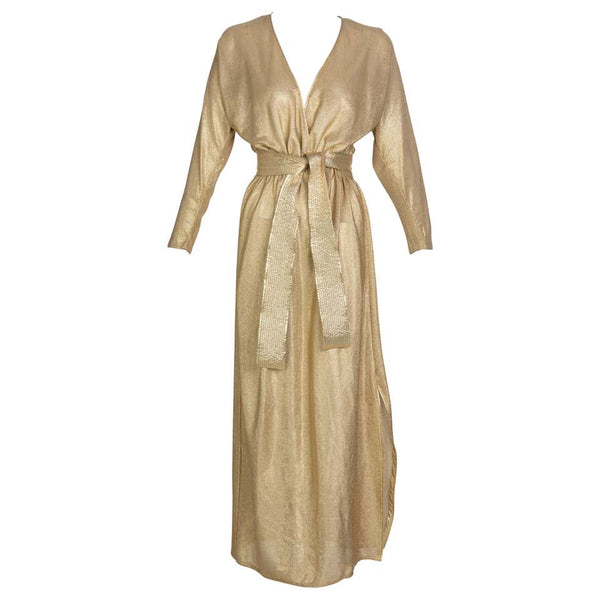 Bill Tice Gold Lurex Plunge Neck Belted Maxi Dress, 1980s