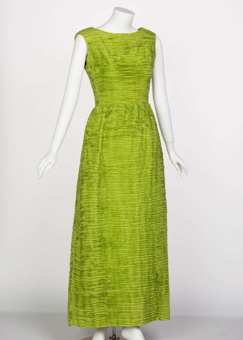 Sybil Connolly Couture Green Pleated Linen Dress, 1960s