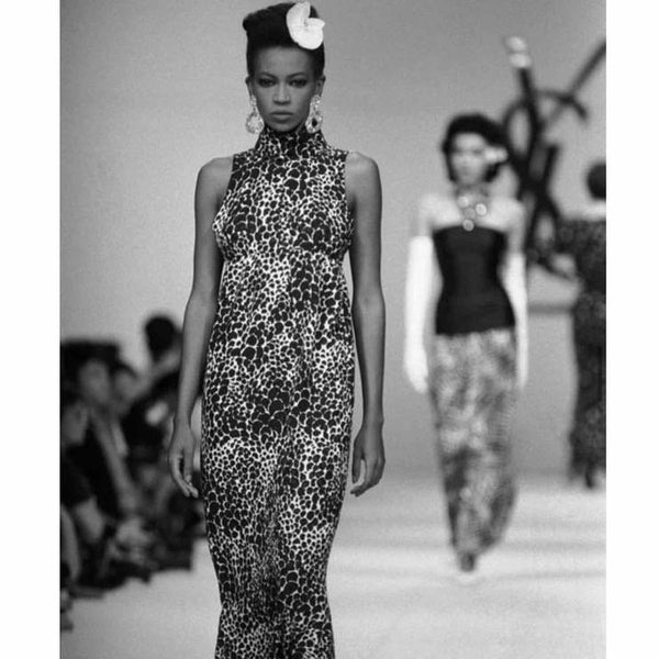 Yves Saint Laurent YSL Black and White Silk Print High Neck Evening Dress, 1985