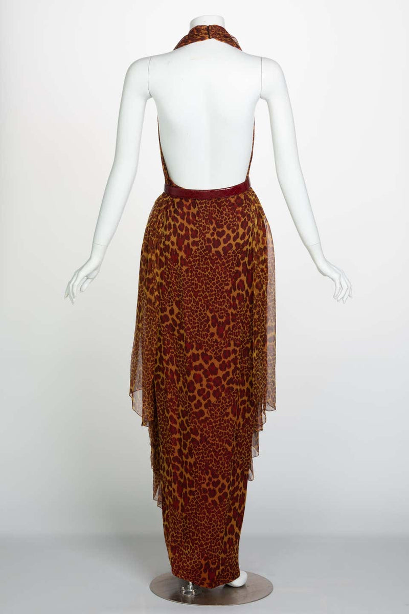 James Galanos Couture Chiffon Cheetah Print Open Back Halter Dress, 1980s