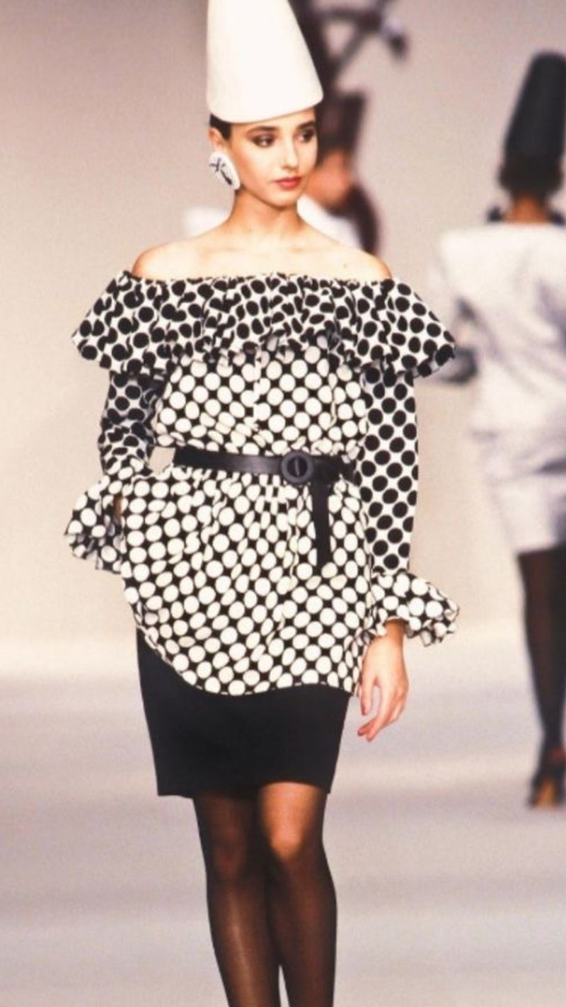 Saint Laurent Polka Dot Ruffle Blouse YSL, 1985