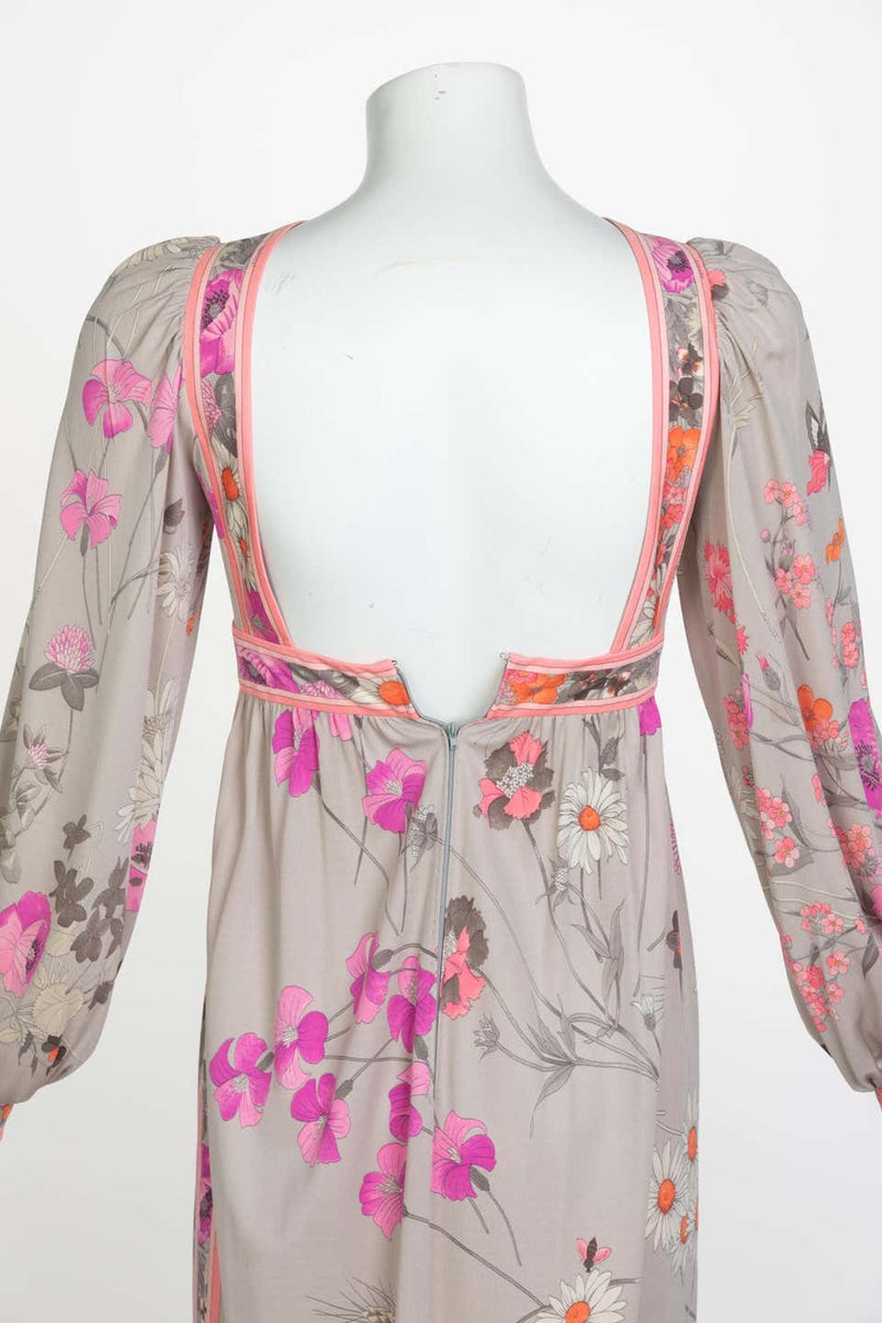 Leonard Paris Silk Floral Floral Print Open Square-Back Maxi Dress, 1970s