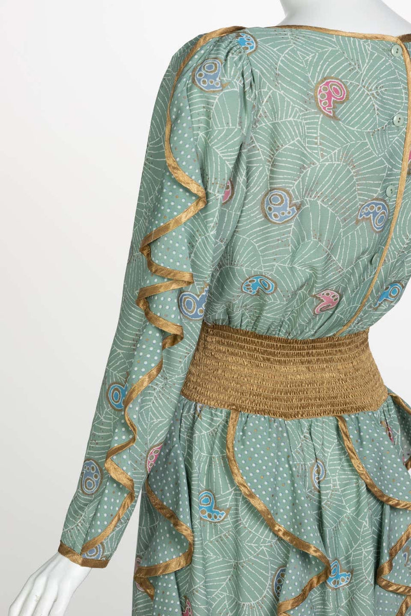 Jeanne Marc Seafoam Print Dress Gold Accents, 1980s