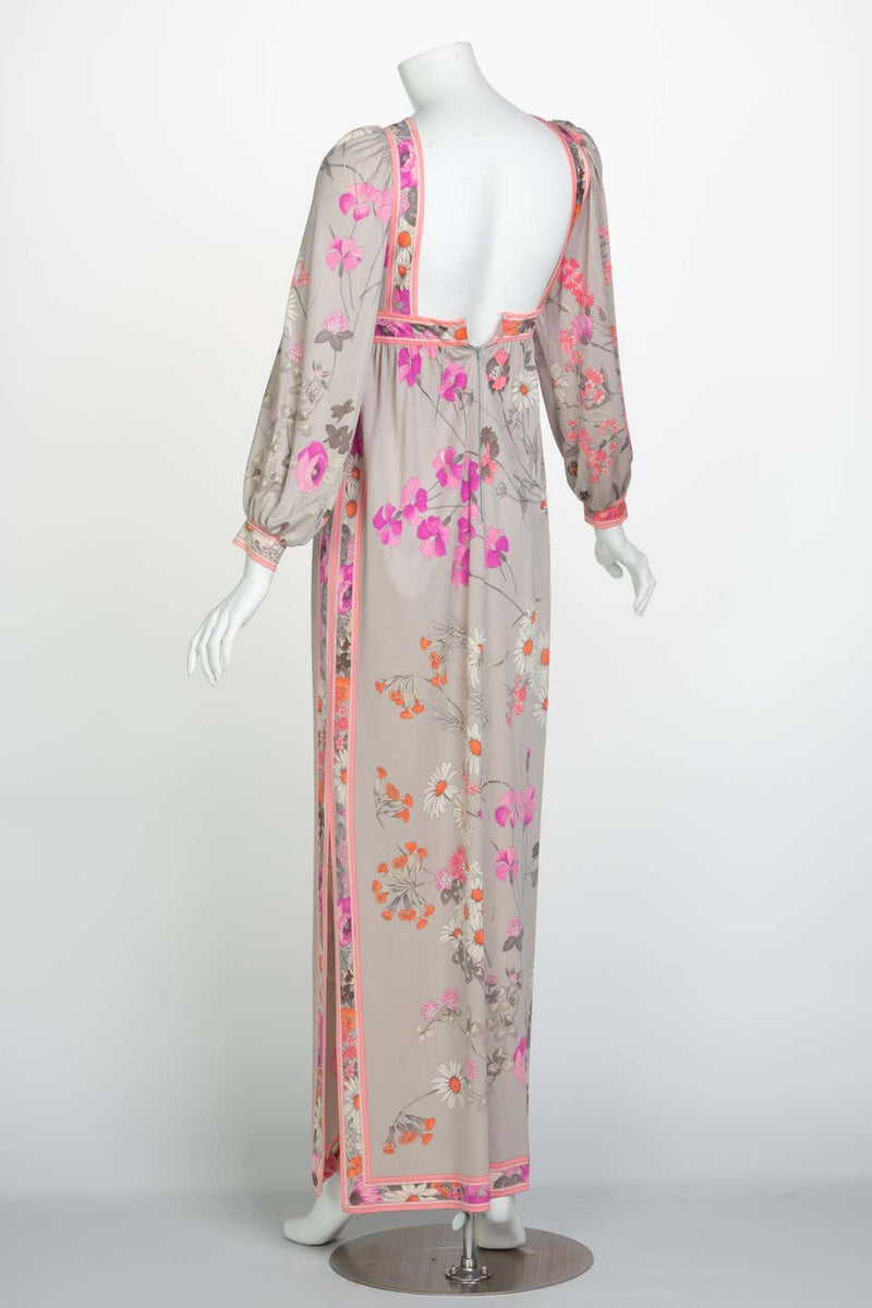 Leonard Paris Silk Floral Floral Print Open Square-Back Maxi Dress, 1970s