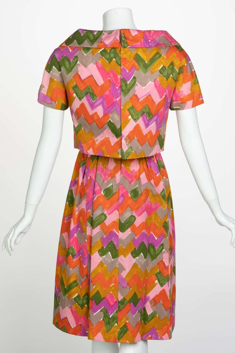 Christian Dior Demi-Couture Colorful Chevron Tailored Belted Dress, 1950s