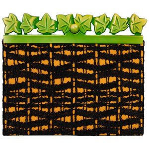 Isabel Canovas Black & Gold Silk Leather Green Bakelite Leaf Clutch, 1980s