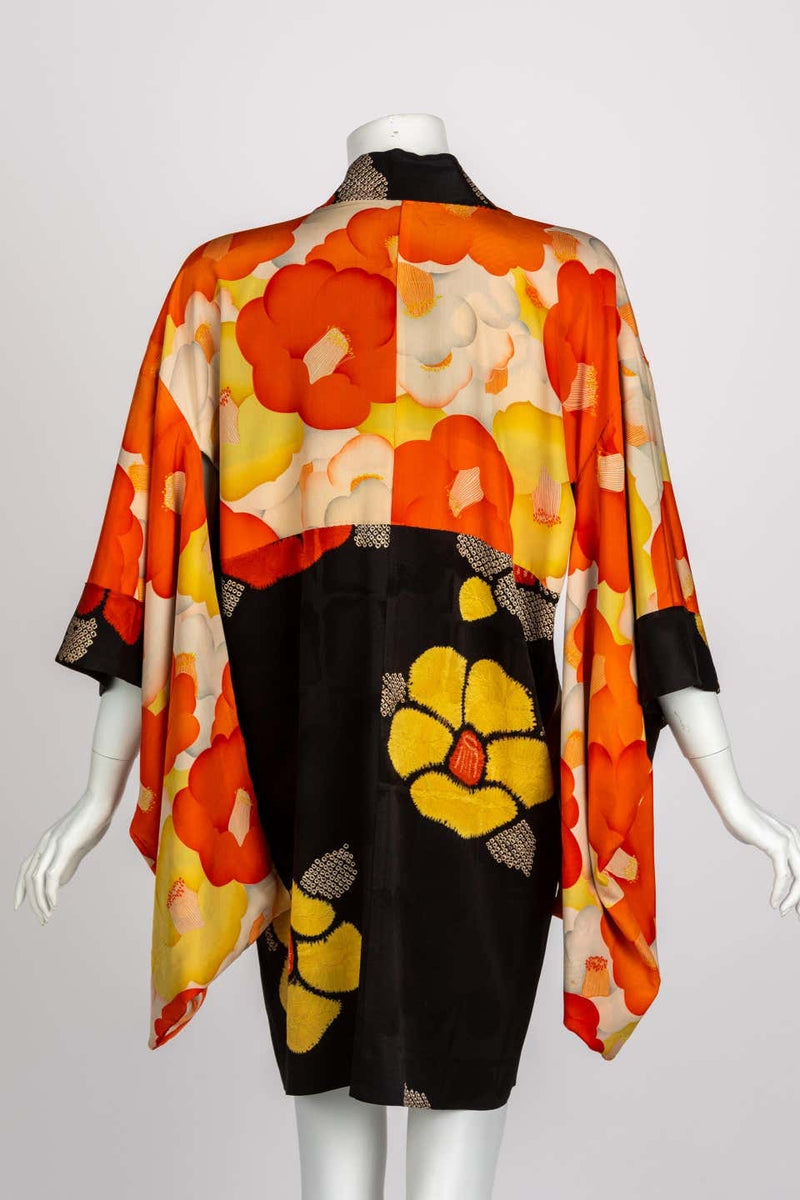 1930s Black Vibrant Shibori Flower Silk Kimono Jacket