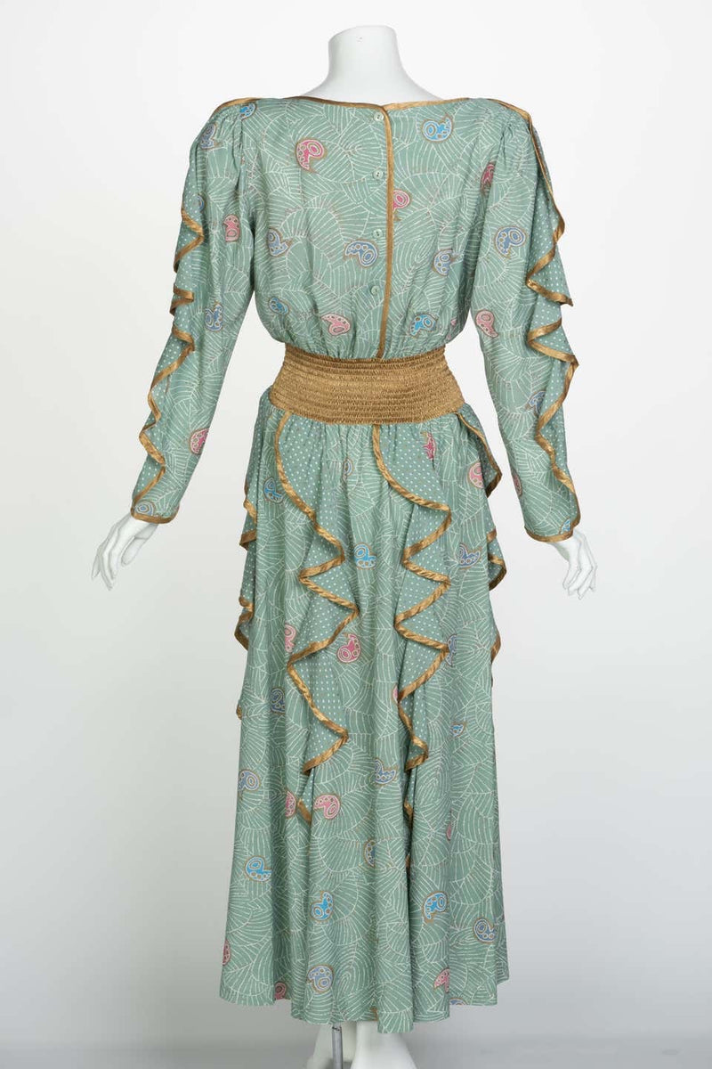 Jeanne Marc Seafoam Print Dress Gold Accents, 1980s