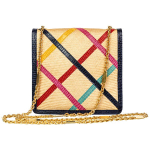 Vintage Bottega Veneta Multicolored Lizard Raffia Gold Chain Bag