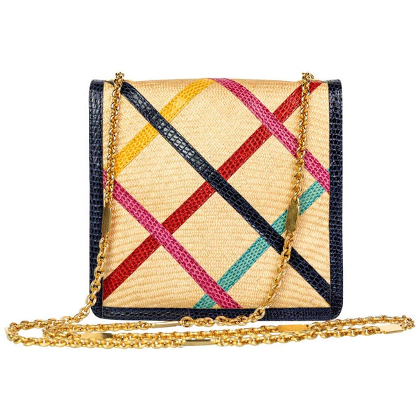 Vintage Bottega Veneta Multicolored Lizard Raffia Gold Chain Bag
