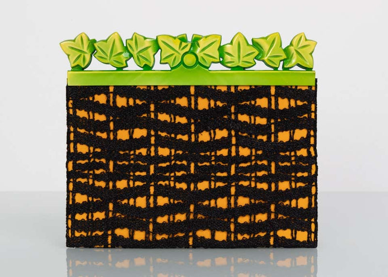 Isabel Canovas Black & Gold Silk Leather Green Bakelite Leaf Clutch, 1980s
