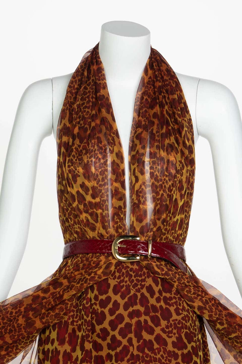 James Galanos Couture Chiffon Cheetah Print Open Back Halter Dress, 1980s