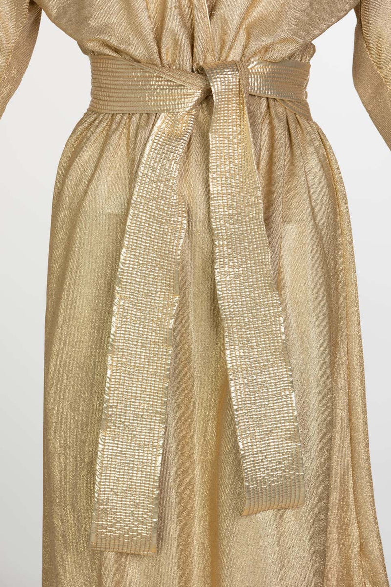 Bill Tice Gold Lurex Plunge Neck Belted Maxi Dress, 1980s