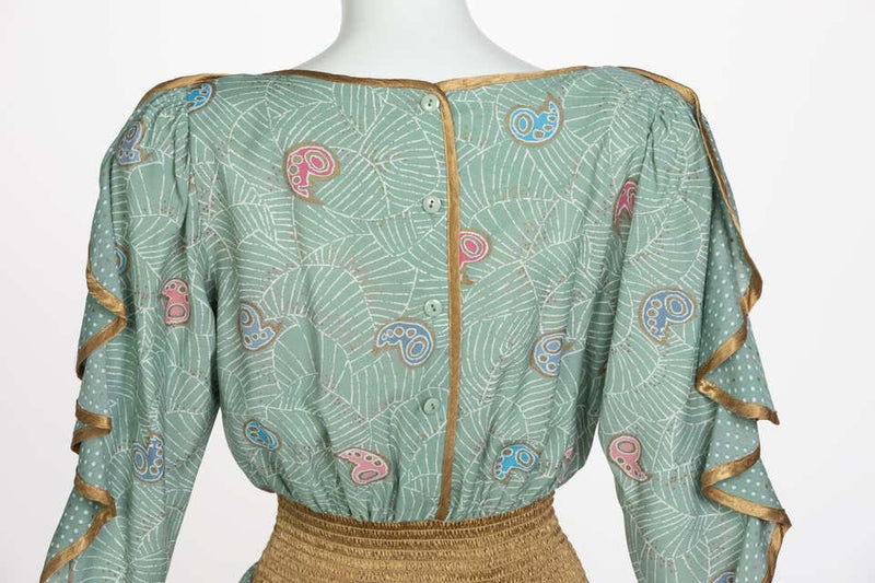Jeanne Marc Seafoam Print Dress Gold Accents, 1980s