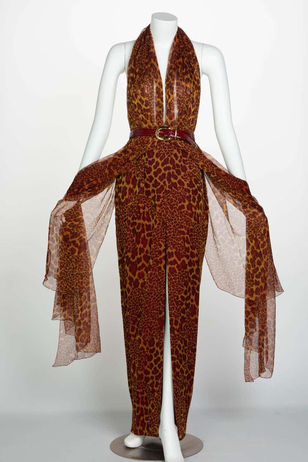 James Galanos Couture Chiffon Cheetah Print Open Back Halter Dress, 1980s