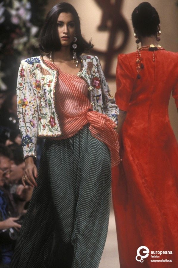 Yves Saint Laurent YSL Haute Couture Red / Green Stripe Silk Chiffon Dress, 1991