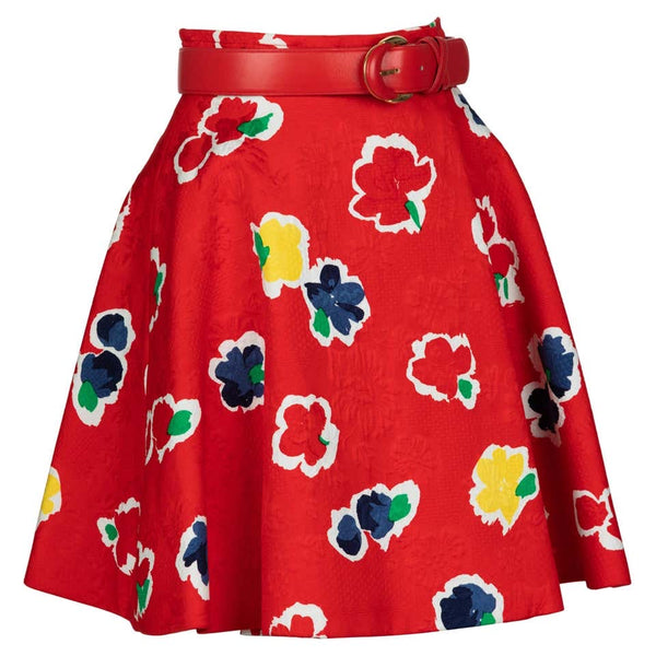 Galanos Red Floral Cotton Wrap Skirt w/ Belt, 1980s