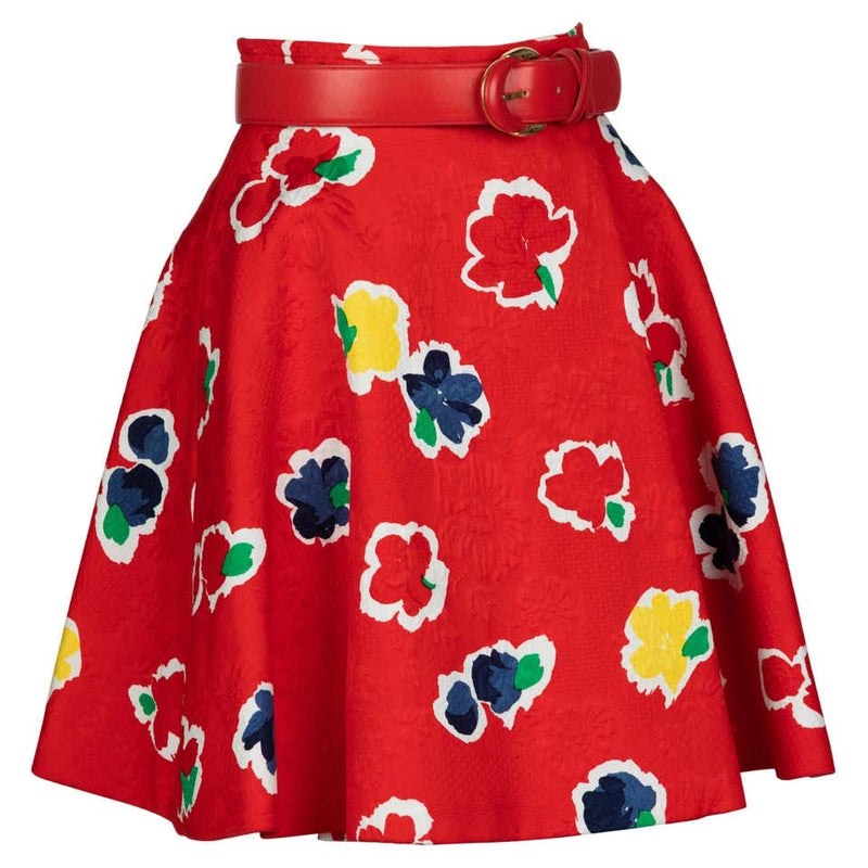 Galanos Red Floral Cotton Wrap Skirt w/ Belt, 1980s