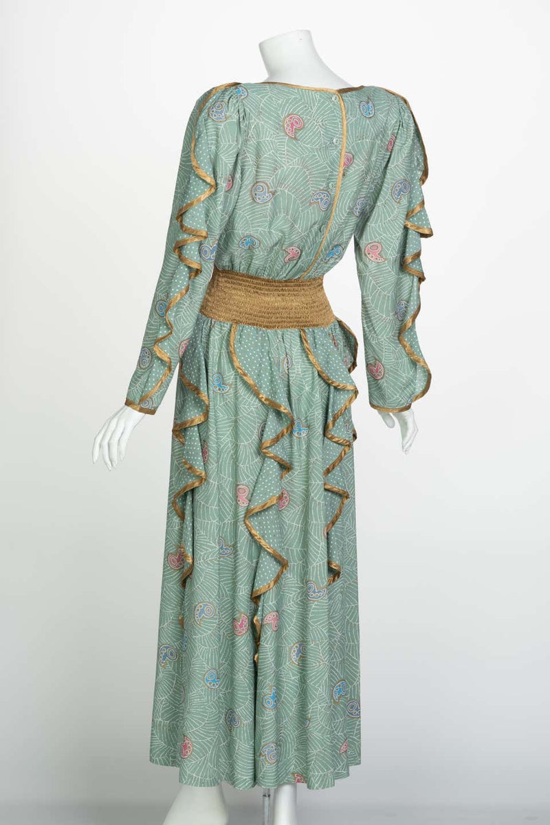 Jeanne Marc Seafoam Print Dress Gold Accents, 1980s
