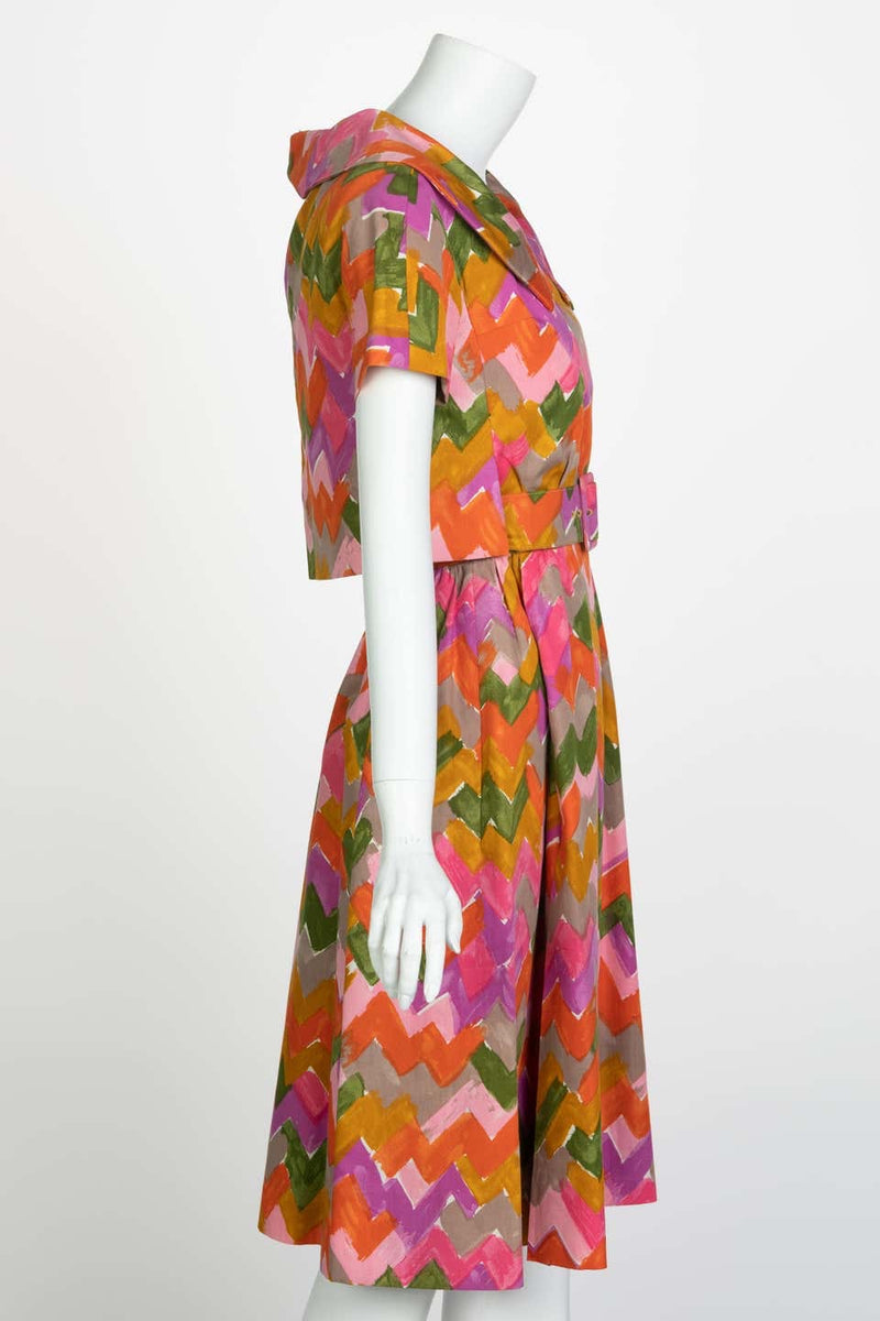 Christian Dior Demi-Couture Colorful Chevron Tailored Belted Dress, 1950s