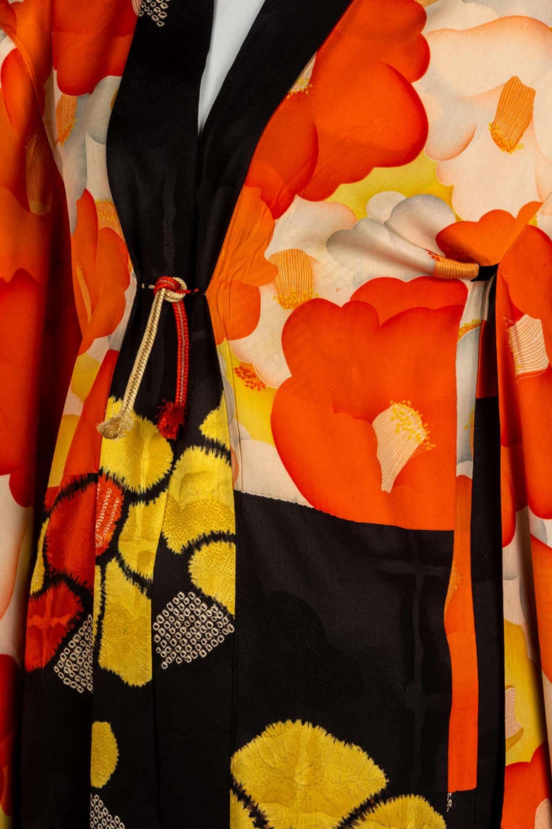 1930s Black Vibrant Shibori Flower Silk Kimono Jacket