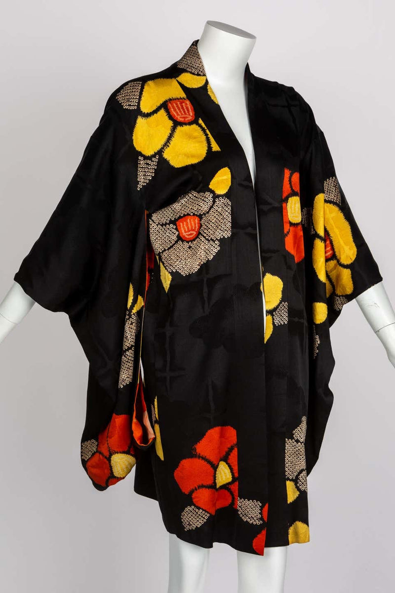 1930s Black Vibrant Shibori Flower Silk Kimono Jacket