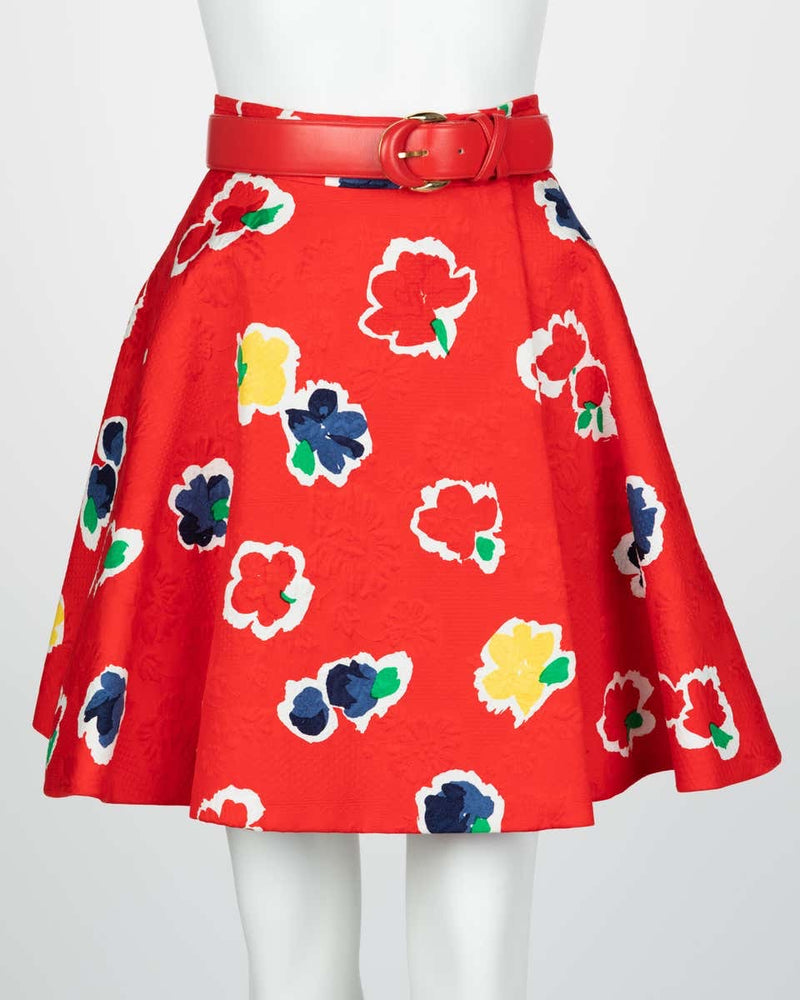 Galanos Red Floral Cotton Wrap Skirt w/ Belt, 1980s