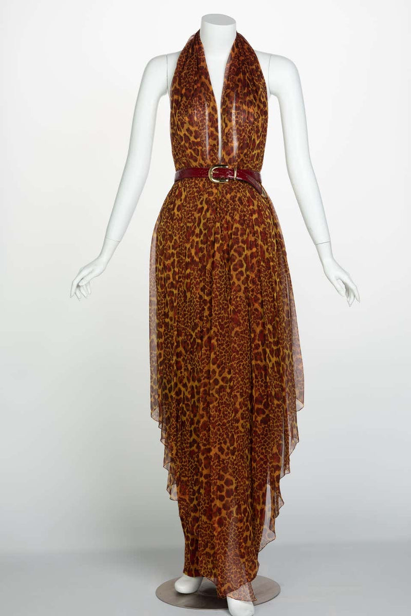 James Galanos Couture Chiffon Cheetah Print Open Back Halter Dress, 1980s