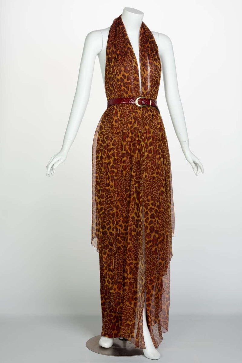 James Galanos Couture Chiffon Cheetah Print Open Back Halter Dress, 1980s