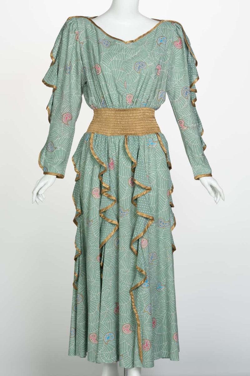 Jeanne Marc Seafoam Print Dress Gold Accents, 1980s