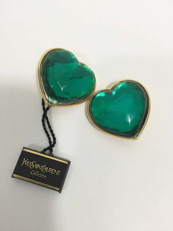 Vintage Yves Saint Laurent Runway Green Heart Earrings YSL