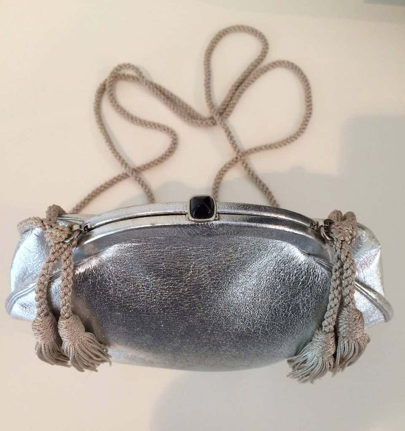Vintage Judith Leiber Metallic Silver Leather Black Onyx Clasp Evening Bag