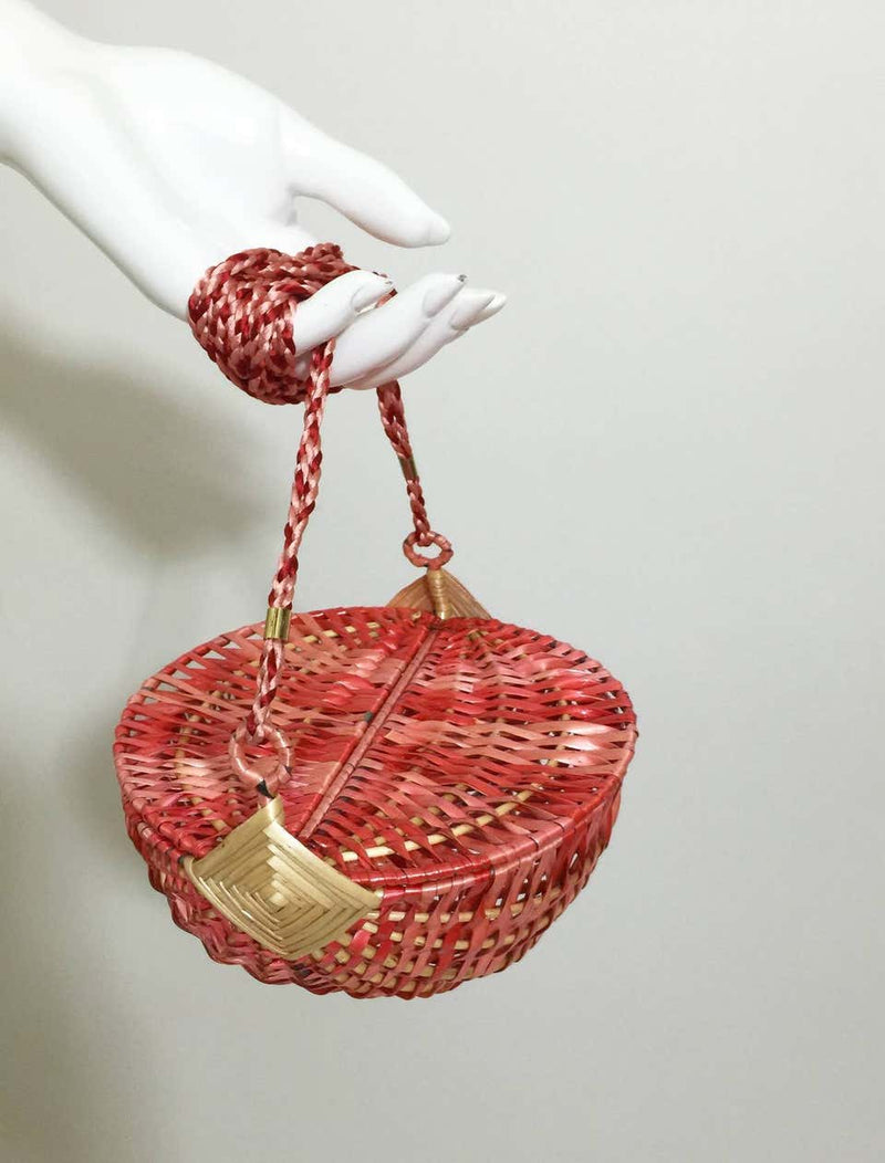 Vintage I. Magnin Lacquered Woven Raffia Italian Watermelon Basket Purse