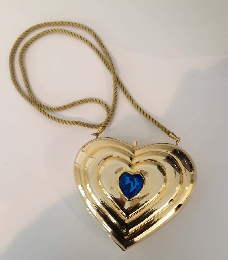 YSL / Yves Saint Laurent Heart Shaped Gold & Sapphire Crystal Minaudiere Bag