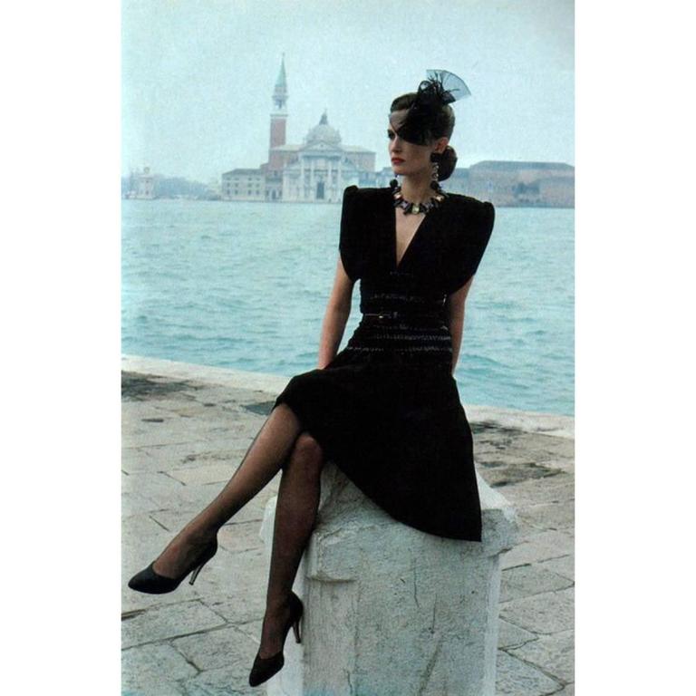 1980s Yves Saint Laurent Black Crepe and Sequin Waist Dress Documented Basha Gold 1980s Yves Saint Laurent Black Crepe and Sequin Waist Dress Documented Basha Gold