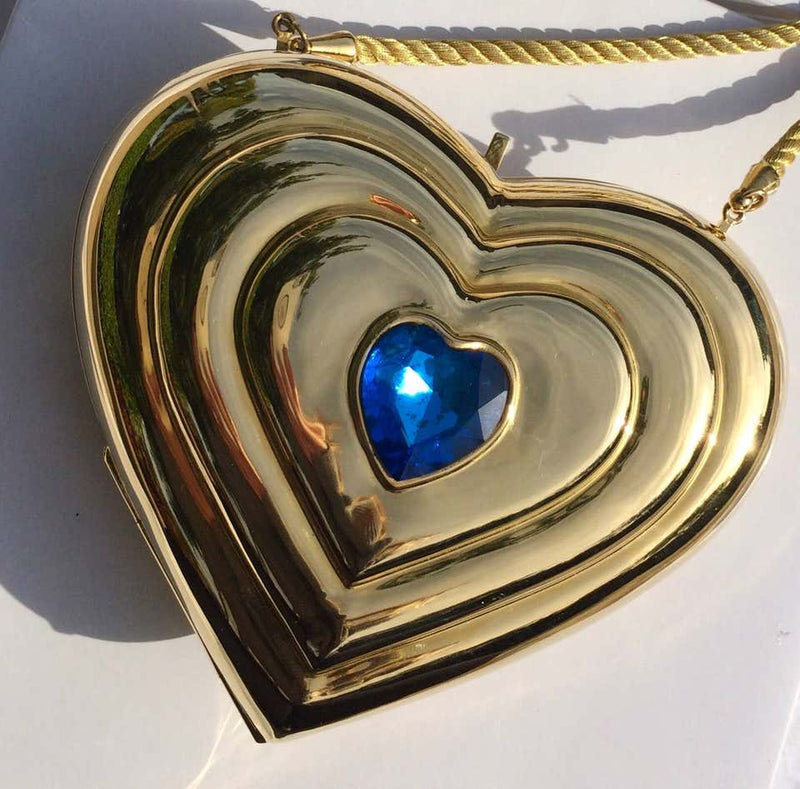 YSL / Yves Saint Laurent Heart Shaped Gold & Sapphire Crystal Minaudiere Bag