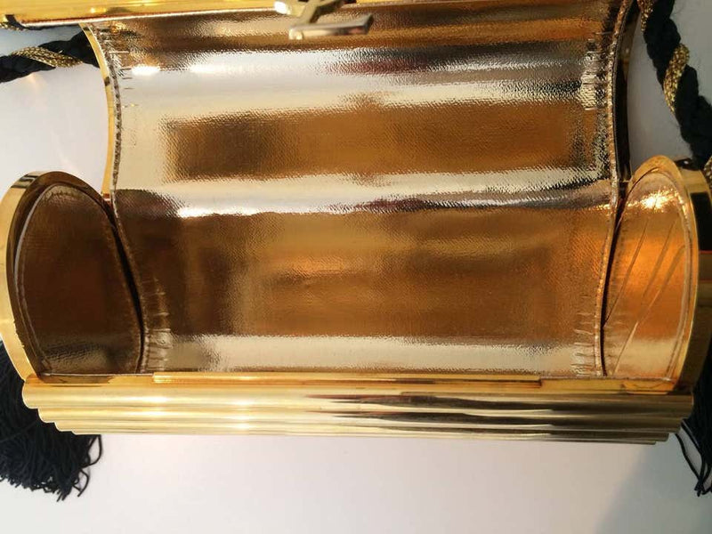 YSL Vintage Gold Metal Black Tassel Evening Bag / Clutch 1980s