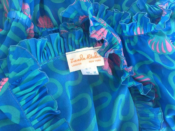 1970s Zandra Rhodes Blue and Pink Seashell Print Sleeveless Caftan Dress