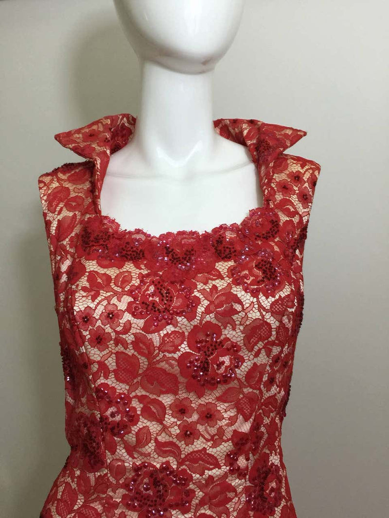 1960s Hourglass Mermaid Red Lace Cut Out Back Dress