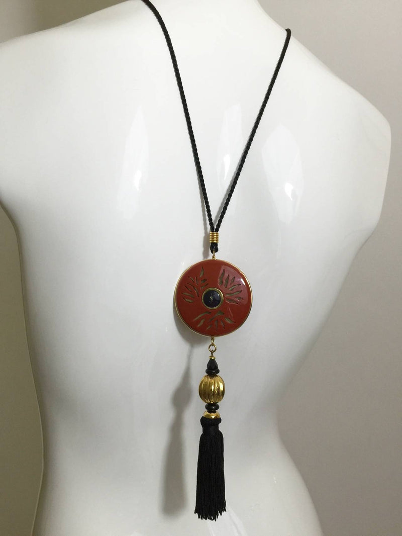 Yves Saint Laurent Vintage Opium Pendant & Gold Bead Black Tassel Necklace