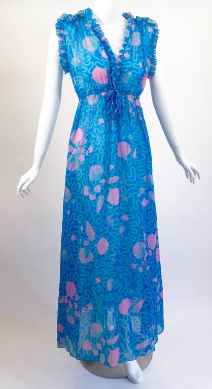 1970s Zandra Rhodes Blue and Pink Seashell Print Sleeveless Caftan Dress