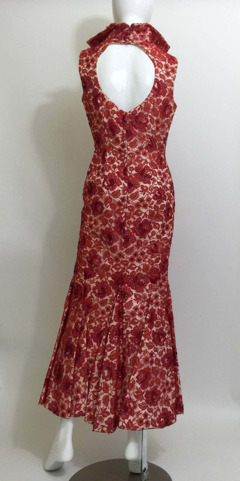 1960s Hourglass Mermaid Red Lace Cut Out Back Dress