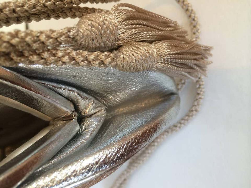 Vintage Judith Leiber Metallic Silver Leather Black Onyx Clasp Evening Bag